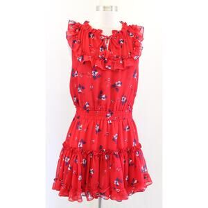 Misa Los Angeles Milaya Red Blue Floral Ruffle Tiered Tie Neck Mini Dress Size M